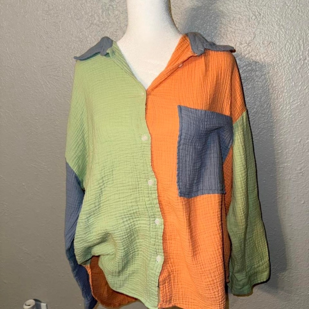 Vici color block oversized boxy gauze long sleeve button up 100%‎ cotton Sz M